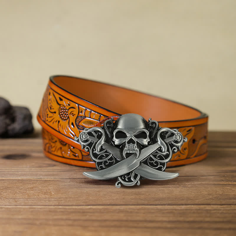 Men's DIY Double Swords Skull Ghost Buckle Leather Belt - Skull - Orange Carved Belt (40) - image 10