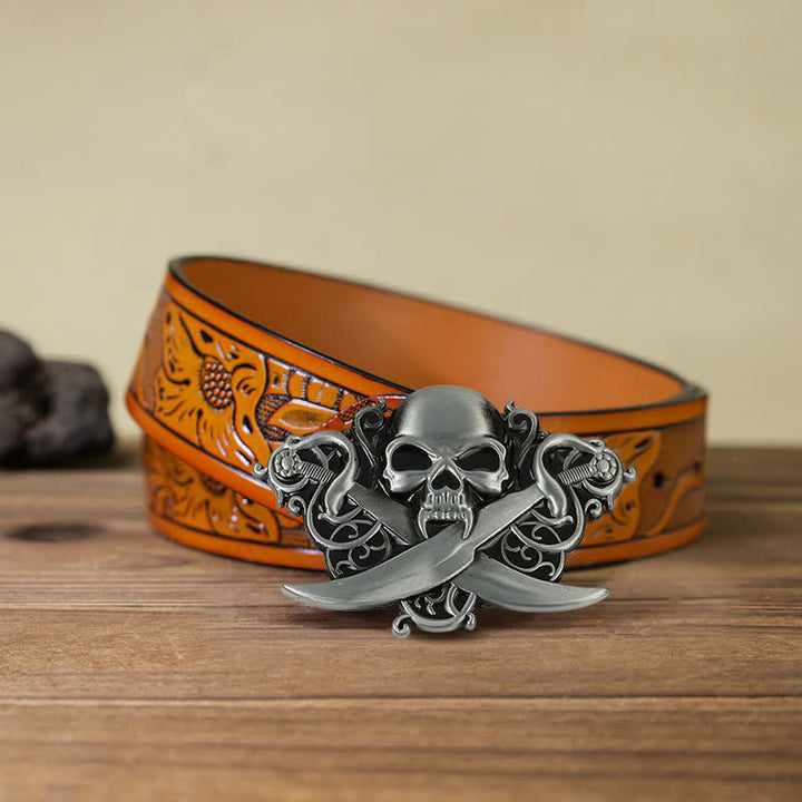 Men's DIY Double Swords Skull Ghost Buckle Leather Belt - Skull - Orange Carved Belt (40) - image 10