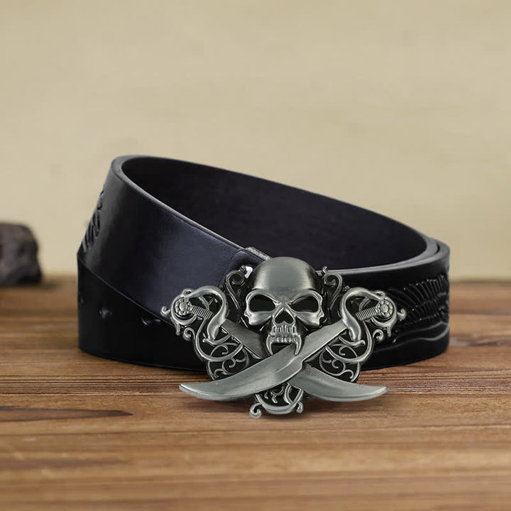 Men's DIY Double Swords Skull Ghost Buckle Leather Belt - Skull - Black Embossed Eagle Belt (38) - image 5