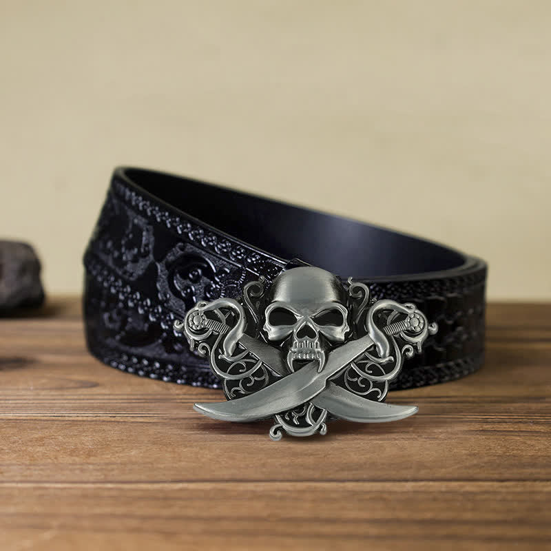 Men's DIY Double Swords Skull Ghost Buckle Leather Belt - Skull - Black Carved Belt (40) - image 7