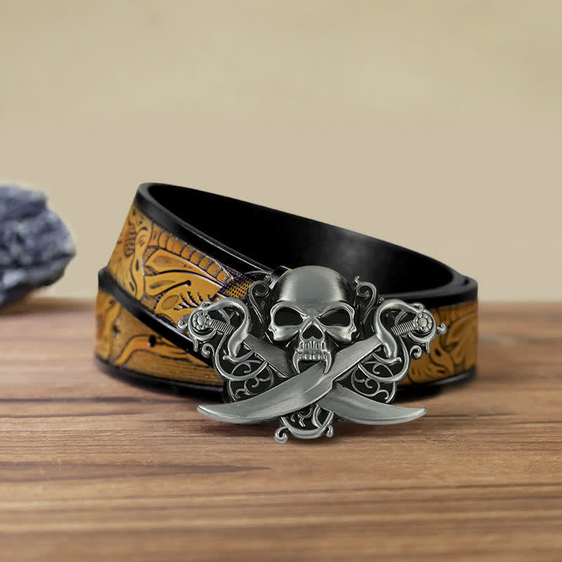 Men's DIY Double Swords Skull Ghost Buckle Leather Belt - Skull - SandyBrown Belt (40) - image 9