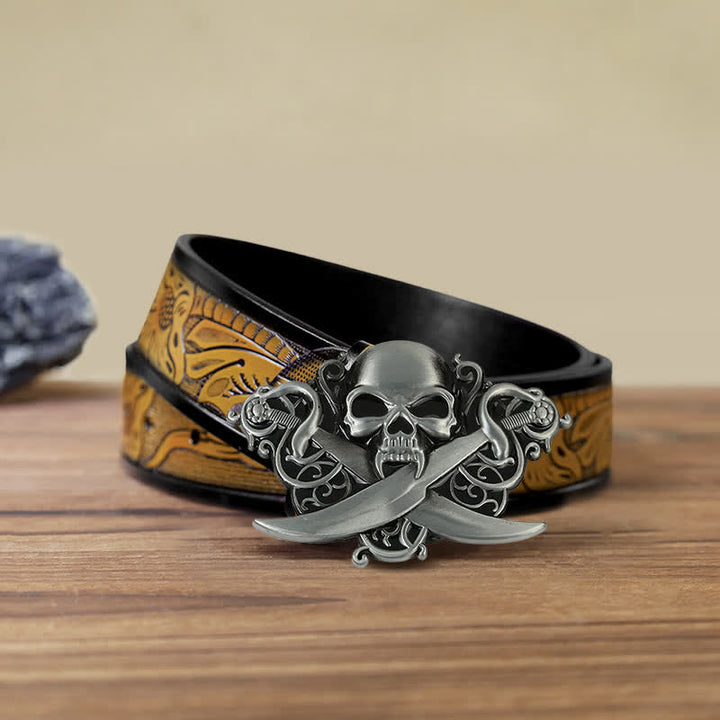 Men's DIY Double Swords Skull Ghost Buckle Leather Belt - Skull - SandyBrown Belt (40) - image 9