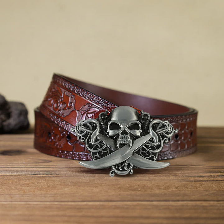 Men's DIY Double Swords Skull Ghost Buckle Leather Belt - Skull - Brown Carved Belt (40) - image 8