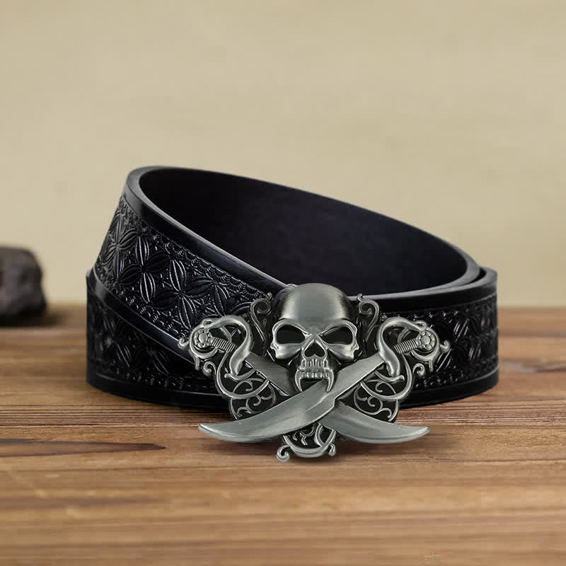 Men's DIY Double Swords Skull Ghost Buckle Leather Belt - Skull - Black Embossed Weave Belt (38) - image 6