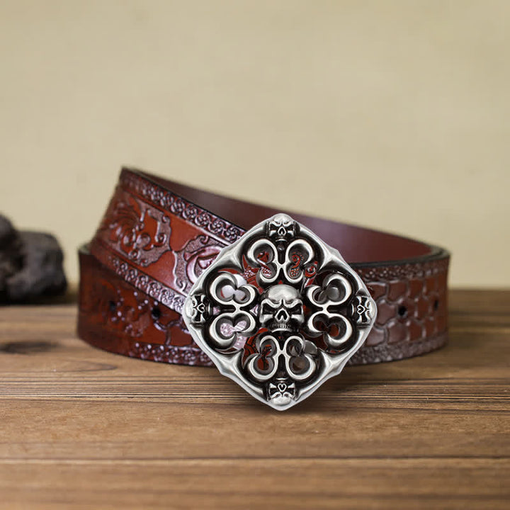 Men's DIY Rock Hollow Out Skull Buckle Leather Belt - Skull - Brown Carved Belt (40) - image 7