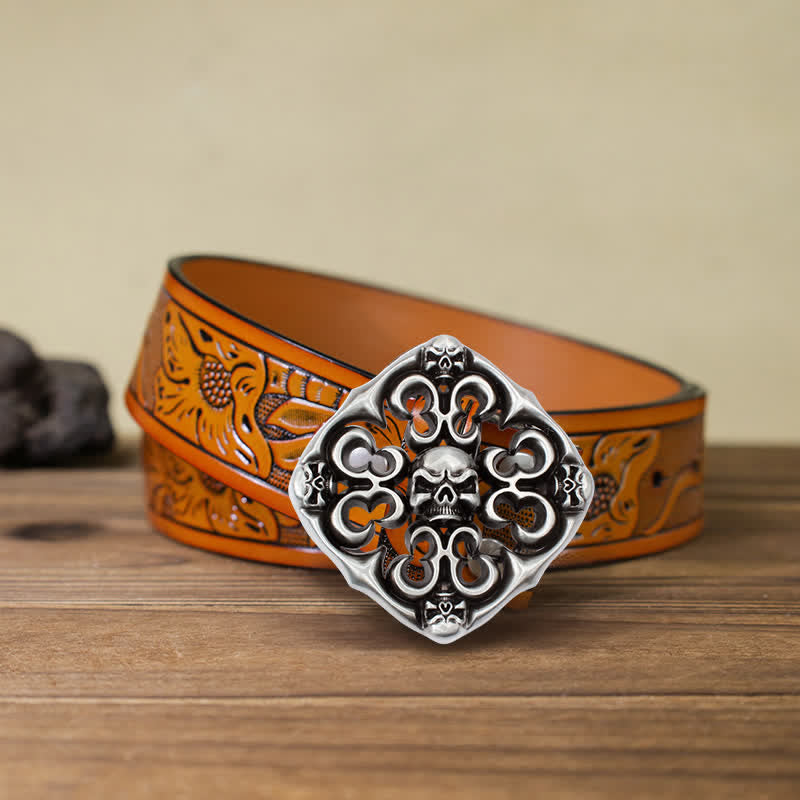 Men's DIY Rock Hollow Out Skull Buckle Leather Belt - Skull - Orange Carved Belt (40) - image 9