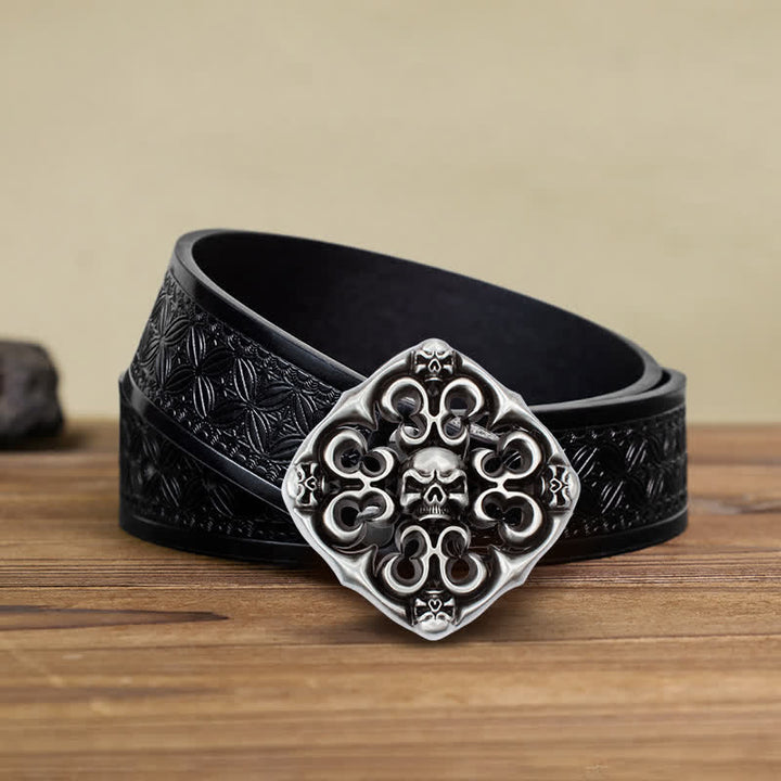 Men's DIY Rock Hollow Out Skull Buckle Leather Belt - Skull - Black Embossed Weave Belt (38) - image 5