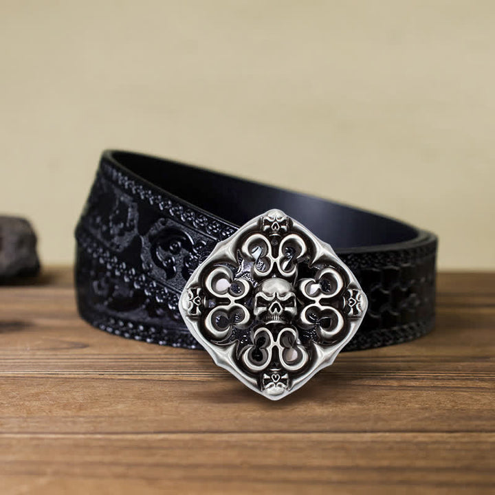Men's DIY Rock Hollow Out Skull Buckle Leather Belt - Skull - Black Carved Belt (40) - image 6