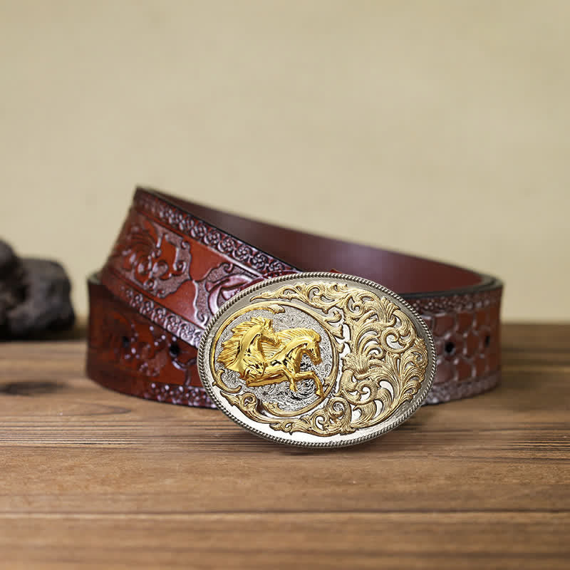 Men's DIY Luxury Gold Horse Head Buckle Leather Belt - Horses - Brown Carved Belt (40) - image 9