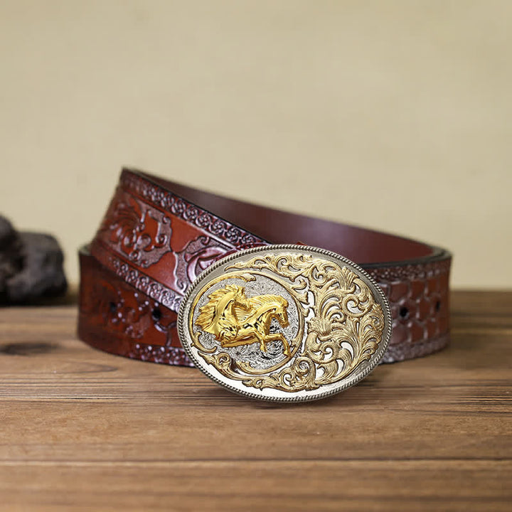 Men's DIY Luxury Gold Horse Head Buckle Leather Belt - Horses - Brown Carved Belt (40) - image 9