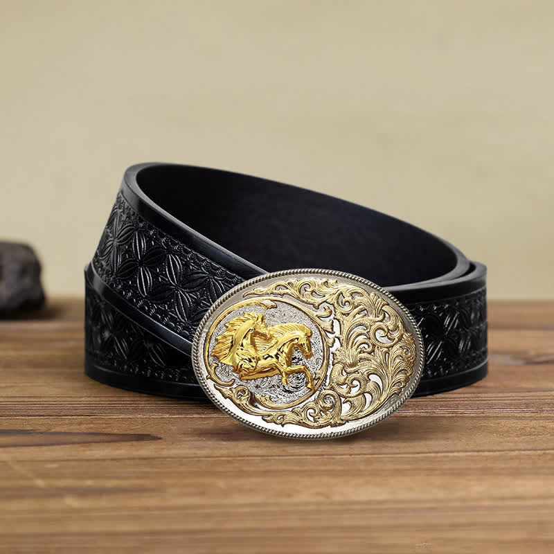 Men's DIY Luxury Gold Horse Head Buckle Leather Belt - Horses - Black Embossed Weave Belt (38) - image 7