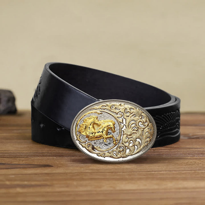Men's DIY Luxury Gold Horse Head Buckle Leather Belt - Horses - Black Embossed Eagle Belt (38) - image 6