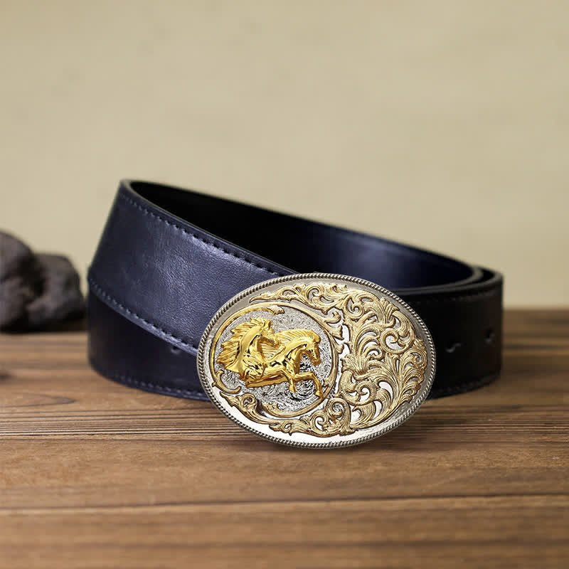 Men's DIY Luxury Gold Horse Head Buckle Leather Belt - Horses - Black PU Belt (40) - image 5
