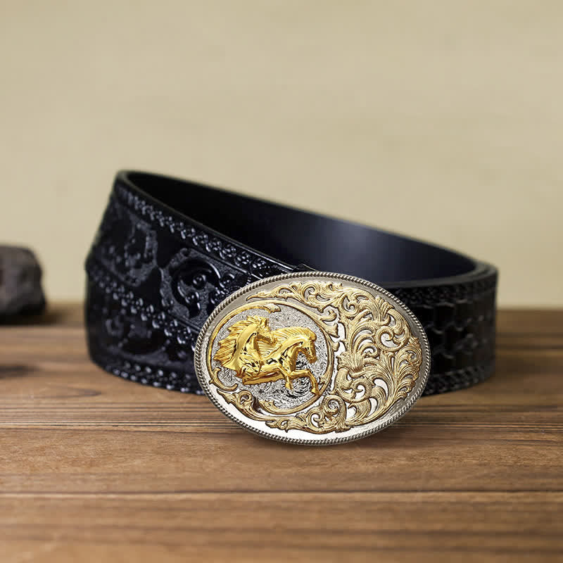 Men's DIY Luxury Gold Horse Head Buckle Leather Belt - Horses - Black Carved Belt (40) - image 8