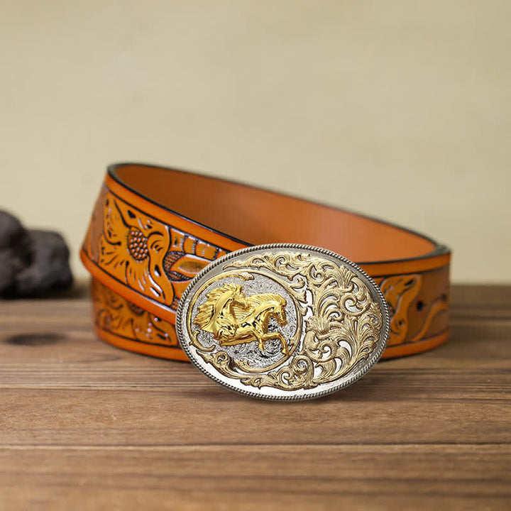 Men's DIY Luxury Gold Horse Head Buckle Leather Belt - Horses - Orange Carved Belt (40) - image 11