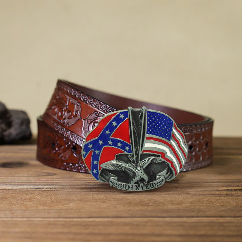 Men's DIY Eagle Double Flags Dixie Buckle Leather Belt - Eagle - Brown Carved Belt (40) - image 9