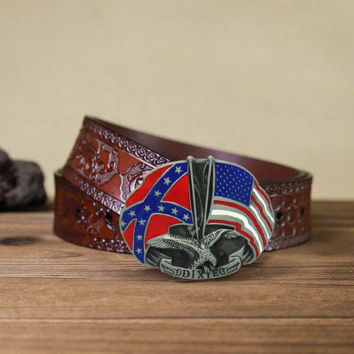 Men's DIY Eagle Double Flags Dixie Buckle Leather Belt - Eagle - Brown Carved Belt (40) - image 9