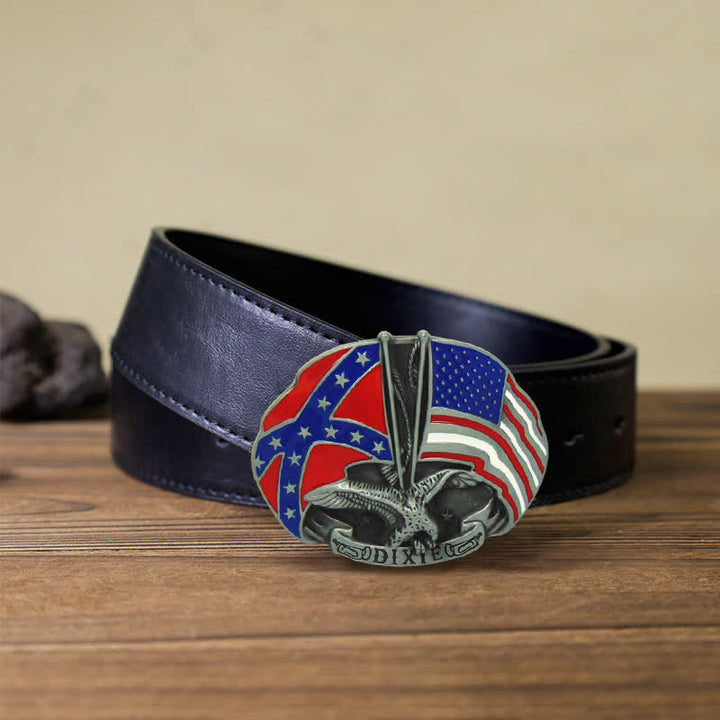 Men's DIY Eagle Double Flags Dixie Buckle Leather Belt - Eagle - Black PU Belt (40) - image 5