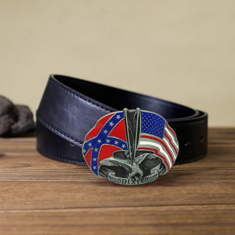 Men's DIY Eagle Double Flags Dixie Buckle Leather Belt - Eagle - Black PU Belt (40) - image 5