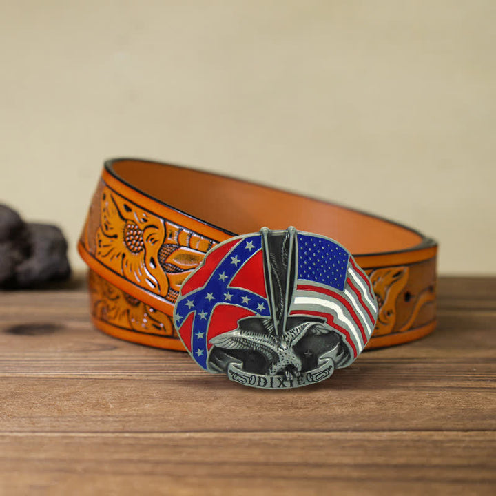Men's DIY Eagle Double Flags Dixie Buckle Leather Belt - Eagle - Orange Carved Belt (40) - image 11