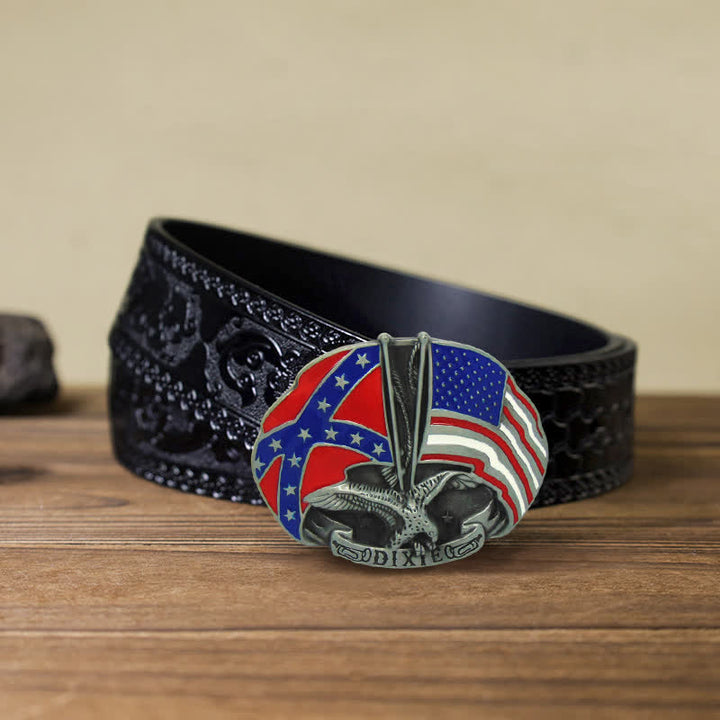 Men's DIY Eagle Double Flags Dixie Buckle Leather Belt - Eagle - Black Carved Belt (40) - image 8