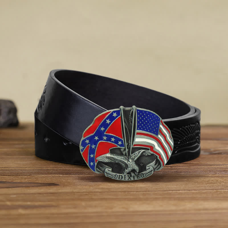 Men's DIY Eagle Double Flags Dixie Buckle Leather Belt - Eagle - Black Embossed Eagle Belt (38) - image 6