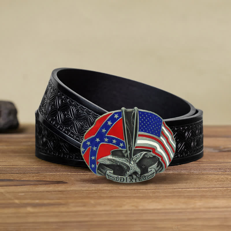 Men's DIY Eagle Double Flags Dixie Buckle Leather Belt - Eagle - Black Embossed Weave Belt (38) - image 7