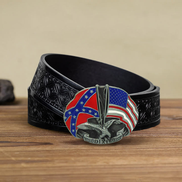 Men's DIY Eagle Double Flags Dixie Buckle Leather Belt - Eagle - Black Embossed Weave Belt (38) - image 7