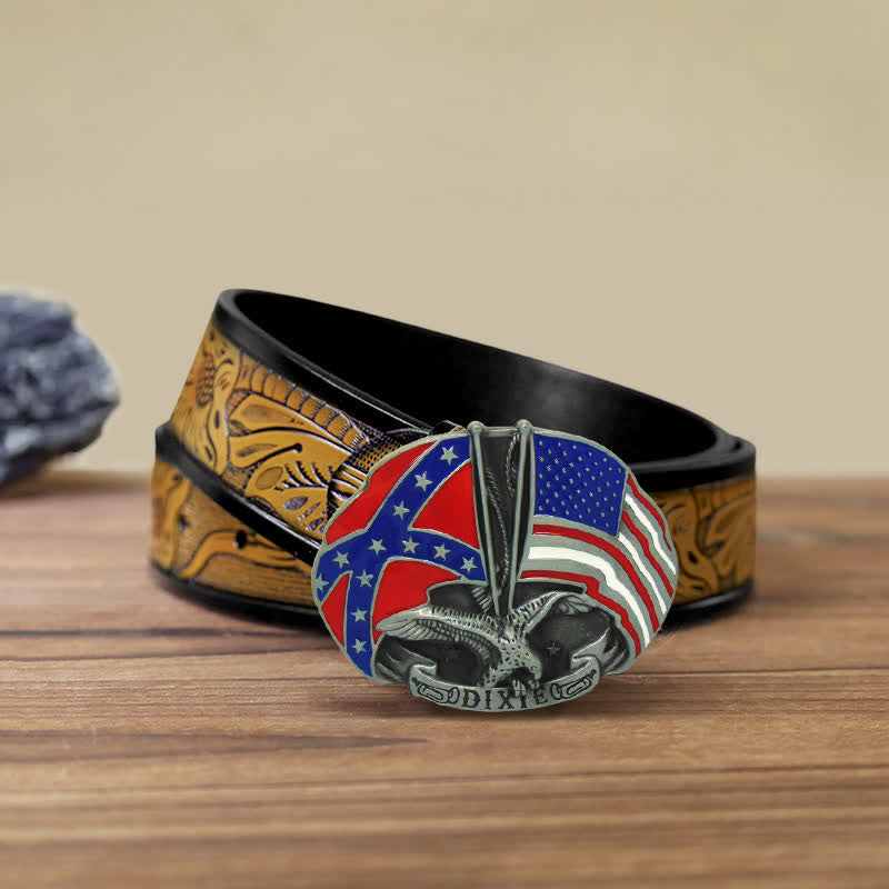 Men's DIY Eagle Double Flags Dixie Buckle Leather Belt - Eagle - SandyBrown Belt (40) - image 10