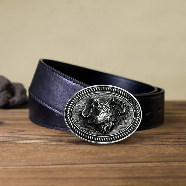 Men's DIY Ram Goat Head Western Buckle Leather Belt - Ram - Black PU Belt (40) - image 3