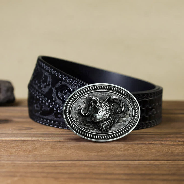 Men's DIY Ram Goat Head Western Buckle Leather Belt - Ram - Black Carved Belt (40) - image 6
