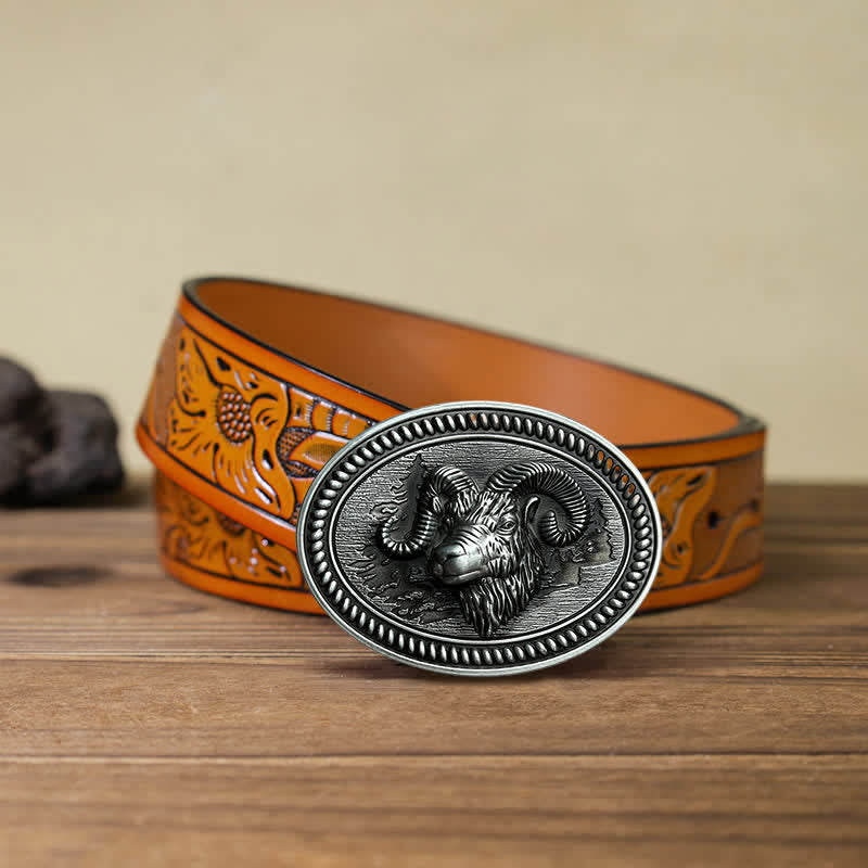 Men's DIY Ram Goat Head Western Buckle Leather Belt - Ram - Orange Carved Belt (40) - image 9
