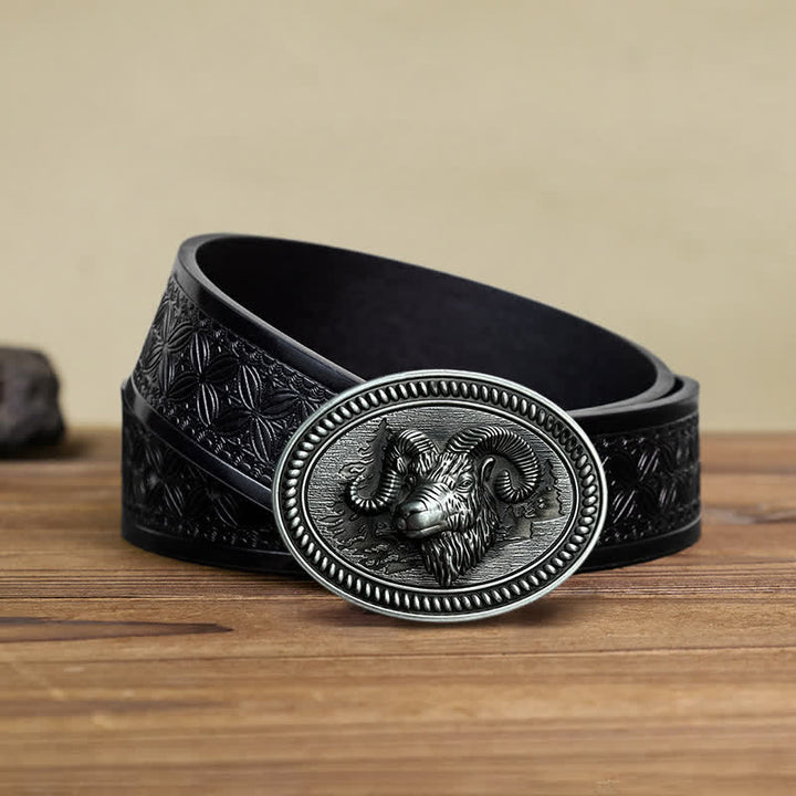 Men's DIY Ram Goat Head Western Buckle Leather Belt - Ram - Black Embossed Weave Belt (38) - image 5
