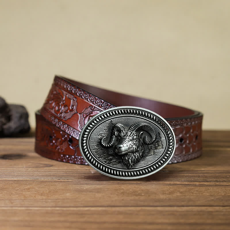Men's DIY Ram Goat Head Western Buckle Leather Belt - Ram - Brown Carved Belt (40) - image 7