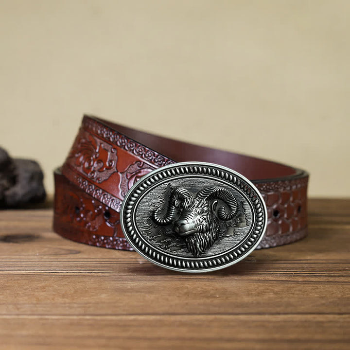 Men's DIY Ram Goat Head Western Buckle Leather Belt - Ram - Brown Carved Belt (40) - image 7