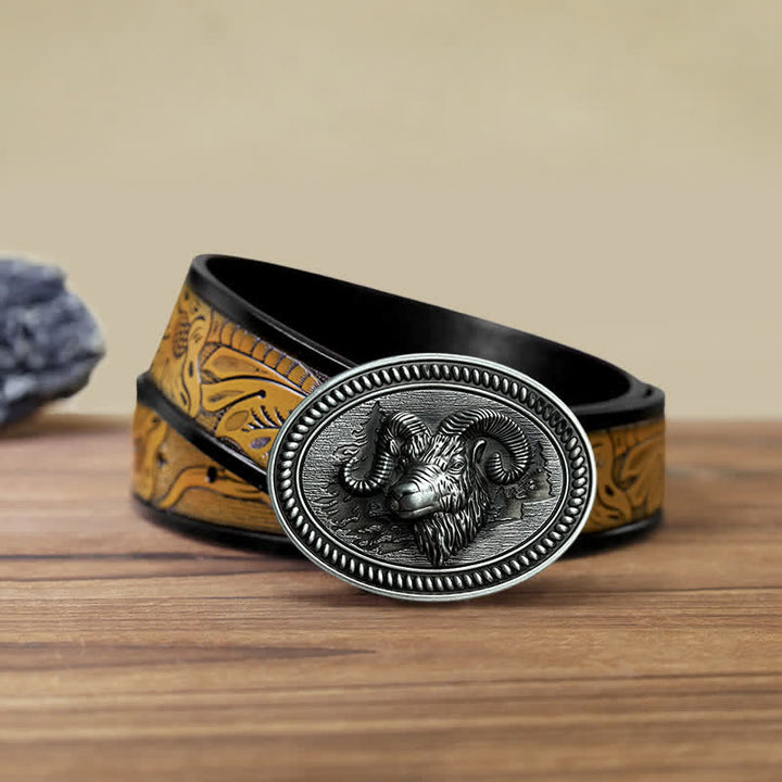 Men's DIY Ram Goat Head Western Buckle Leather Belt - Ram - SandyBrown Belt (40) - image 8