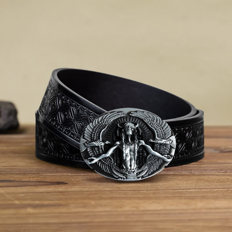 Men's DIY Indian Great Spirit Buckle Leather Belt - Gray - Black Embossed Weave Belt (38) - image 7
