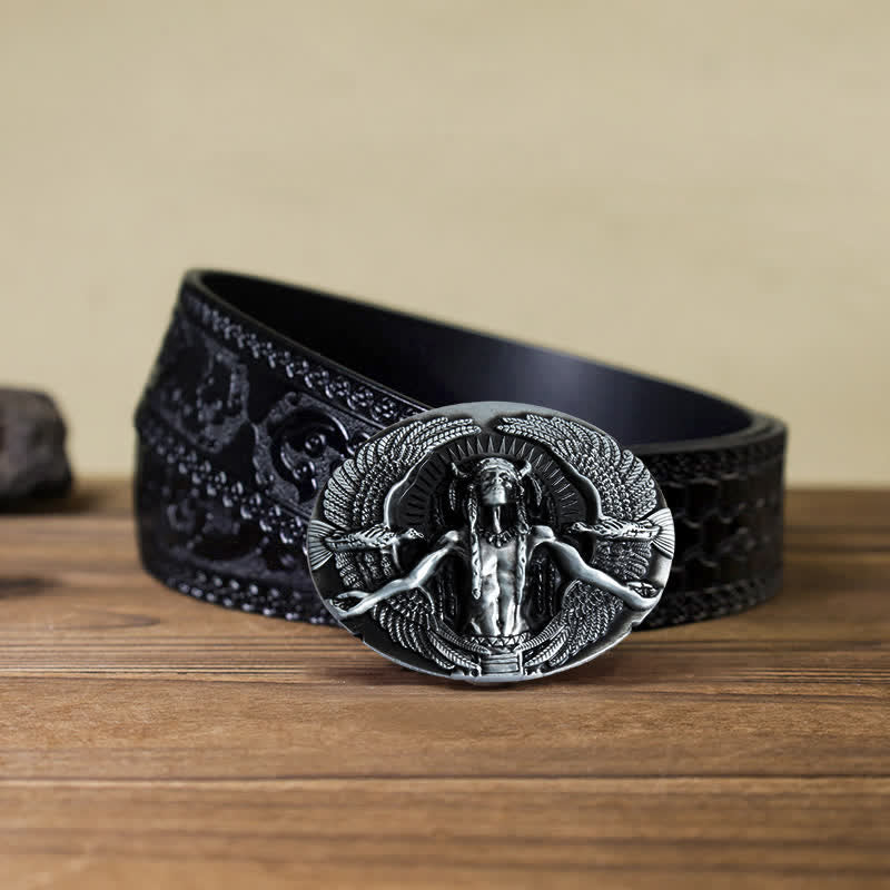 Men's DIY Indian Great Spirit Buckle Leather Belt - Gray - Black Carved Belt (40) - image 8