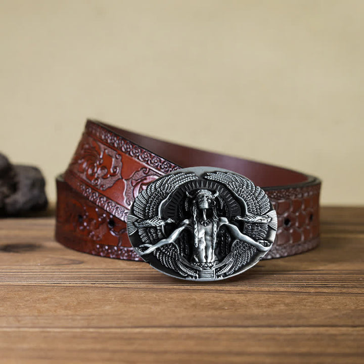 Men's DIY Indian Great Spirit Buckle Leather Belt - Gray - Brown Carved Belt (40) - image 9