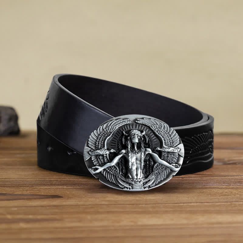 Men's DIY Indian Great Spirit Buckle Leather Belt - Gray - Black Embossed Eagle Belt (38) - image 6