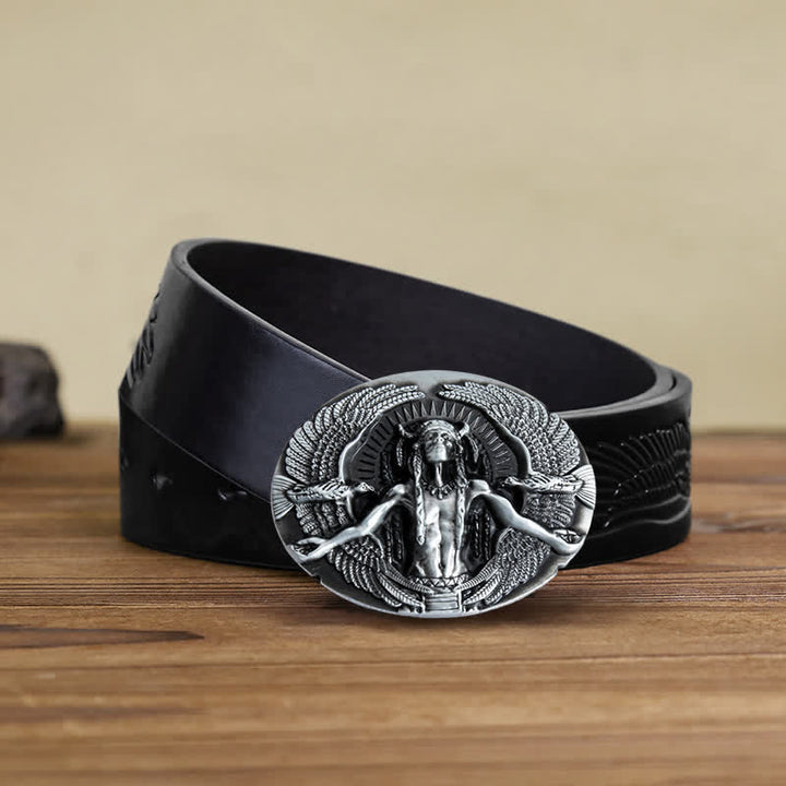 Men's DIY Indian Great Spirit Buckle Leather Belt - Gray - Black Embossed Eagle Belt (38) - image 6