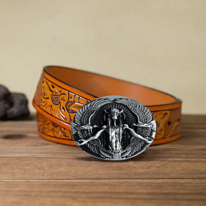 Men's DIY Indian Great Spirit Buckle Leather Belt - Gray - Orange Carved Belt (40) - image 11
