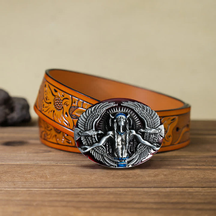 Men's DIY Indian Great Spirit Buckle Leather Belt - Red - Orange Carved Belt (40) - image 21