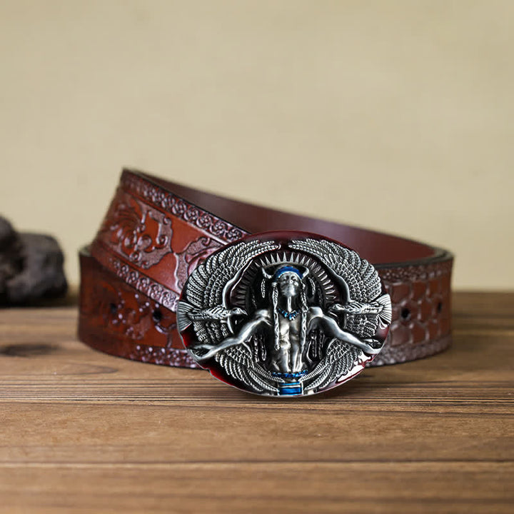 Men's DIY Indian Great Spirit Buckle Leather Belt - Red - Brown Carved Belt (40) - image 19