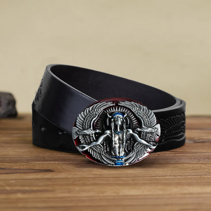Men's DIY Indian Great Spirit Buckle Leather Belt - Red - Black Embossed Eagle Belt (38) - image 16