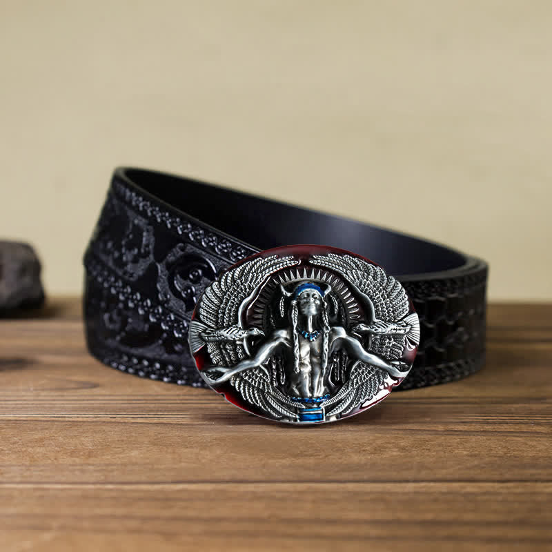 Men's DIY Indian Great Spirit Buckle Leather Belt - Red - Black Carved Belt (40) - image 18