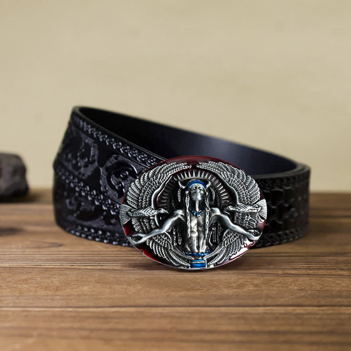 Men's DIY Indian Great Spirit Buckle Leather Belt - Red - Black Carved Belt (40) - image 18