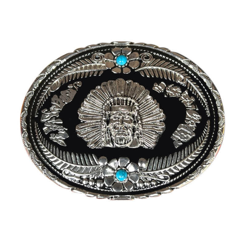 Men's DIY Indian Chief Turquoise Buckle Leather Belt - Silver - Without Belt - image 10