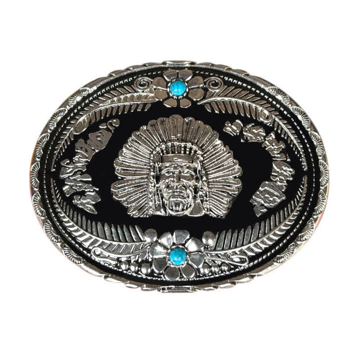 Men's DIY Indian Chief Turquoise Buckle Leather Belt - Silver - Without Belt - image 10