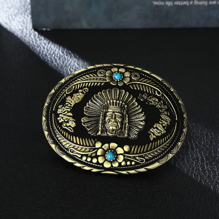 Men's DIY Indian Chief Turquoise Buckle Leather Belt - Bronze - Without Belt - image 0